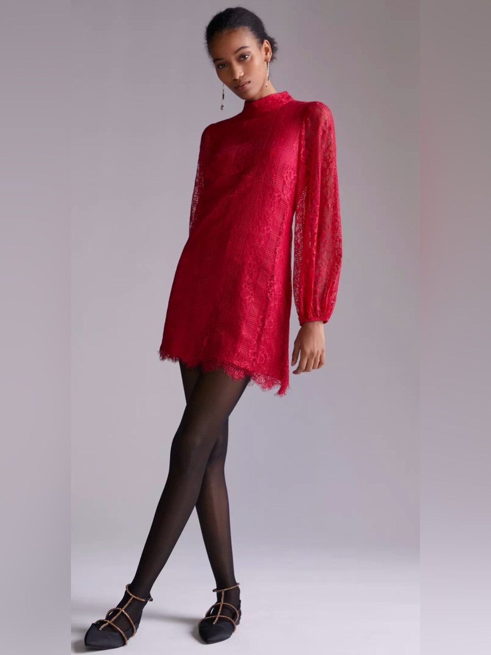 Maeve Anthropologie Lace Dress NWT Red Long Sleeve Open Back Size 14